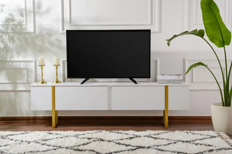 Bild 2 för NORDV&Auml;RK Serenity TV-bord, w. 2 d&ouml;rrar - vit melamin och guld (180x29,5)