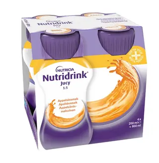Produktfoto för Nutridrink Jucy, apelsin, energirikt kosttillägg, klar, fettfri 4 x 200 milliliter