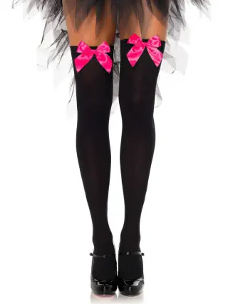 Produktfoto för Nylon Thigh Highs With Bow Black/Pink O/S Strumpor