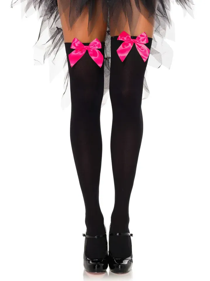 Bild 1 för Nylon Thigh Highs With Bow Black/Pink O/S Strumpor