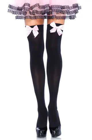 Produktfoto för Nylon Thigh Highs With Bow Black/Pink O/S Strumpor