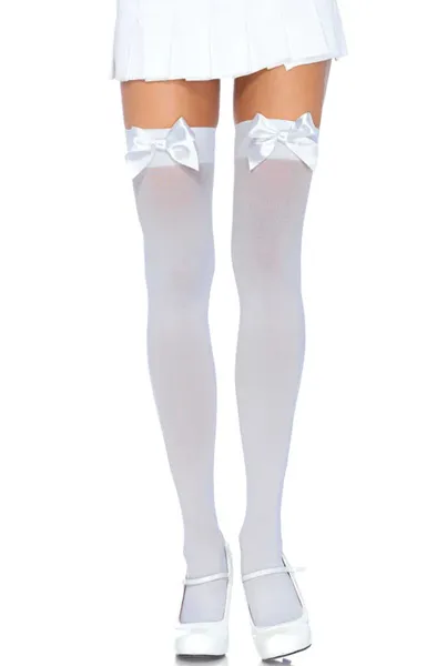 Bild 1 för Nylon Thigh Highs With Bow White O/S Stay-ups