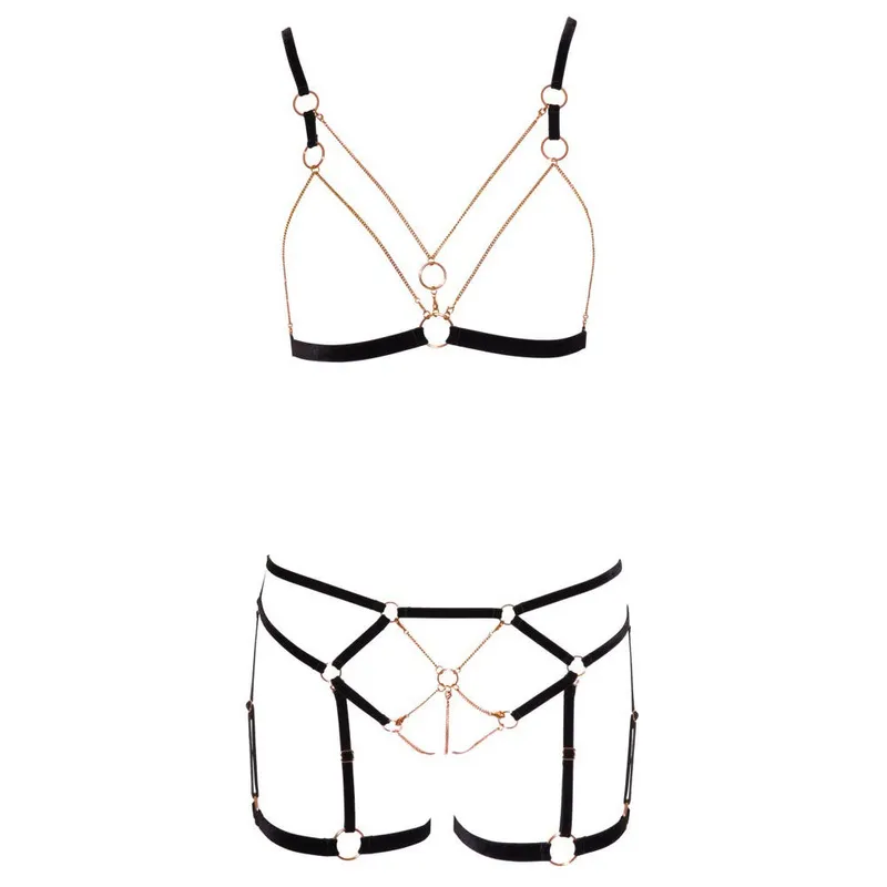 Bild 2 för Open Cup & Crotch Set with Gold Chain Details - Black