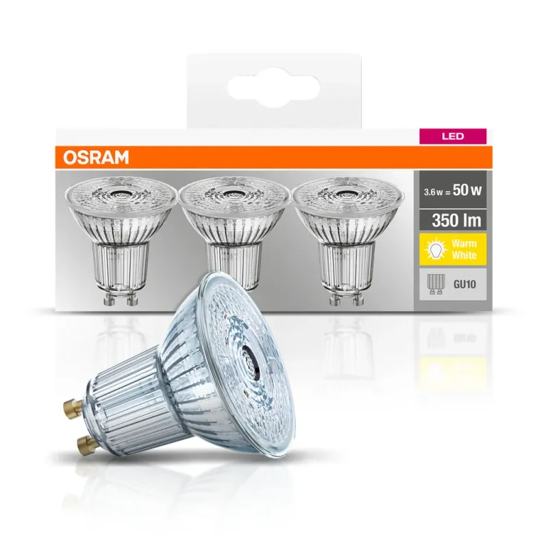 Alternativ bild 0 för OSRAM LED BASE - LED-glödlampa med reflektor - form: PAR16 - GU10 - 3.6 W (motsvarande 50 W) - klass A++ - varmt vitt ljus - 2700 K (paket om 3)