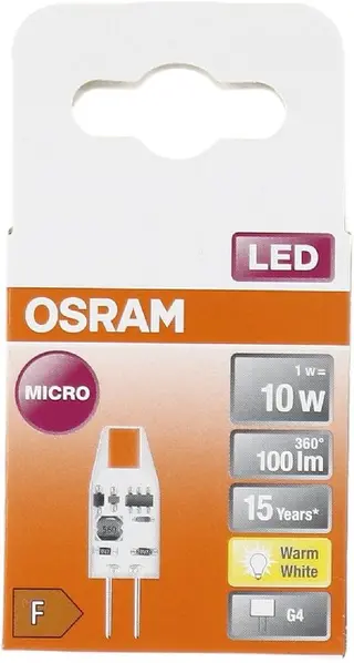 Produktfoto för OSRAM - LED-glödlampa - form: T10 - klar finish - G4 - 1 W (motsvarande 10 W) - klass F - varmt vitt ljus - 2700 K