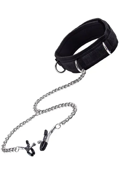 Bild 2 för Ouch!: Velcro Collar with Nipple Clamps, svart
