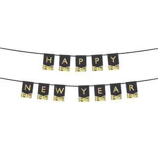 Produktfoto för PartyDeco Happy New Year, Girlang, papper, Svart, Guld, Bild, Nyårsafton, Tak, Vägg