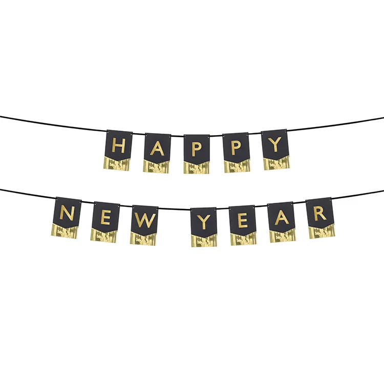 Alternativ bild 0 för PartyDeco Happy New Year, Girlang, papper, Svart, Guld, Bild, Nyårsafton, Tak, Vägg