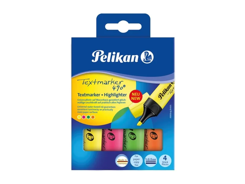 Alternativ bild 0 för Pelikan Textmarker 490, 4 styck, Grön, Orange, Rosa, Gul, Multi, Vattenbaserat bläck, Låda