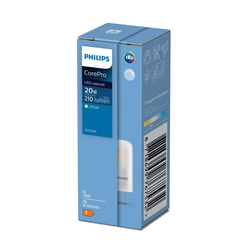 Alternativ bild 0 för Philips CorePro LEDcapsule LV - LED-glödlampa - form: kapsyl - G4 - 2.1 W (motsvarande 20 W) - klass A++ - varmt vitt ljus - 2700 K