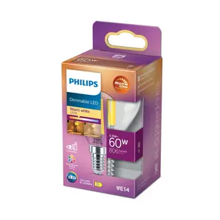 Produktfoto för Philips Filamentkronljuskälla klar 60 W P45 E14, 5,9 W, 60 W, E14, 806 LM, 15000 h, Varmt sken