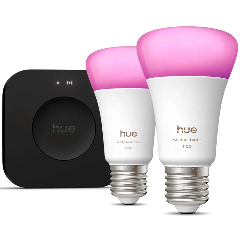 Bild 1 för Philips Hue Startpaket: 2 st E27 färgkompatibla smarta ljuskällor + Bridge Pro