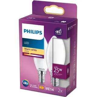 Produktfoto för Philips LED-glödlampa Candle 2.2W/827 (25W) Frosted 2-pack E14