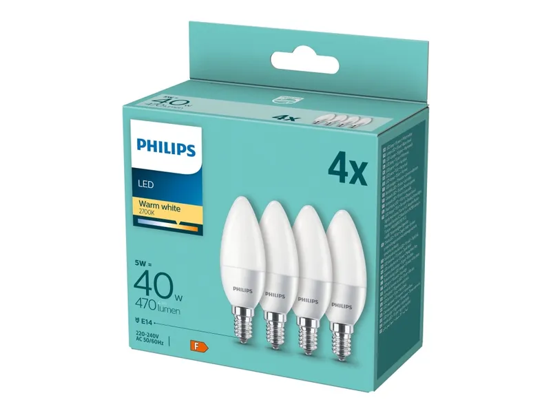 Alternativ bild 0 för Philips LED-glödlampa Candle 5W/827 (40W) Frosted 4-pack E14