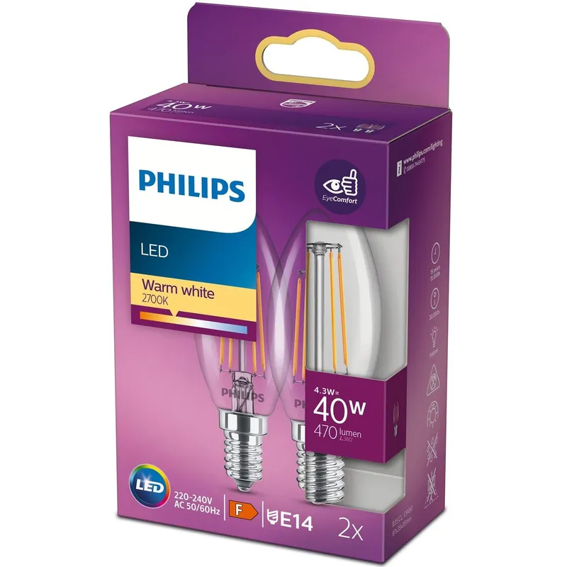 Bild 1 för Philips LED-glödlampa Classic Candle 4.3W/827 (40W) Clear 2-pack E14