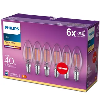 Produktfoto för Philips LED-glödlampa Classic Candle 4,3W/827 (40W) Clear 6-pack E14