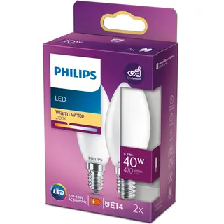 Produktfoto för Philips LED-glödlampa Classic Candle 4.3W/827 (40W) Frosted 2-pack E14