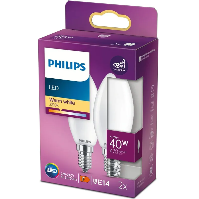 Bild 1 för Philips LED-glödlampa Classic Candle 4.3W/827 (40W) Frosted 2-pack E14