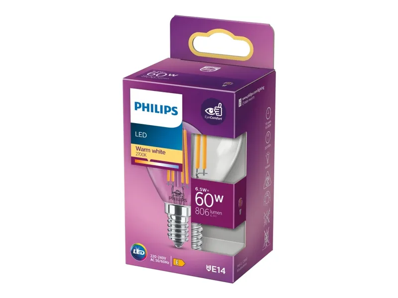 Alternativ bild 0 för Philips LED-glödlampa Classic Candle 6,5W/827 (60W) Clear E14