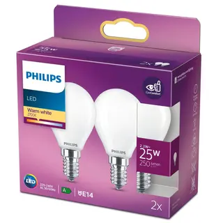Produktfoto för Philips LED-glödlampa Classic Mini-ball 2.2W/827 (25W) Frosted 2-pack E14