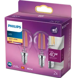 Produktfoto för Philips LED-glödlampa Classic Mini-ball 4.3W/827 (40W) Clear 2-pack E14