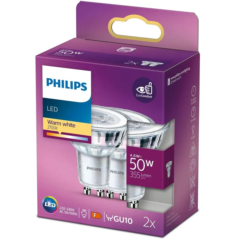 Bild 1 för Philips LED-glödlampa Classic Spot 4.6W/827 (50W) 36° 2-pack GU10