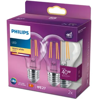 Produktfoto för Philips LED-glödlampa Classic Standard 4,3W/827 (40W) klar 2-pack E27