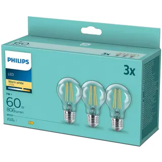 Produktfoto för Philips LED-glödlampa Classic Standard 7W/827 (60W) Clear 3-pack E27