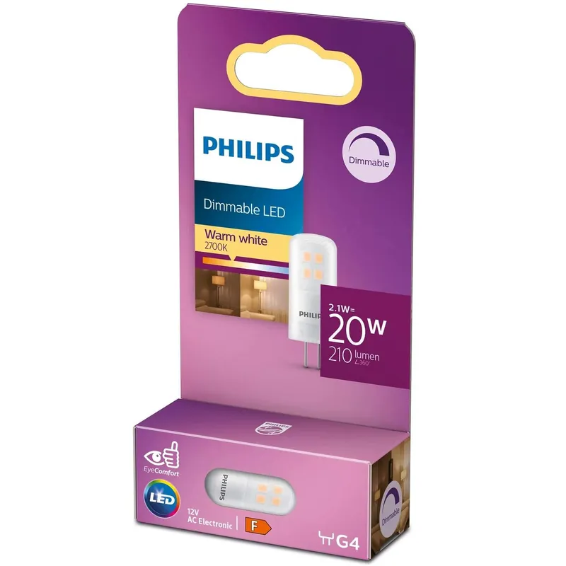 Bild 1 för Philips - LED-glödlampa - form: kapsyl - G4 - 2.1 W (motsvarande 20 W) - klass F - varmt vitt ljus - 2700 K