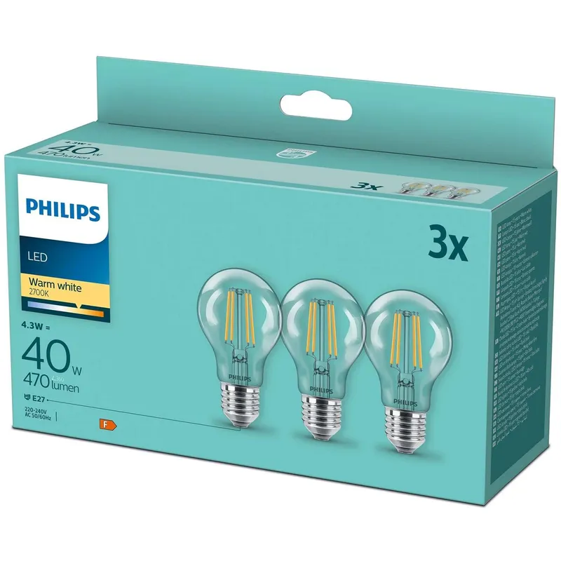 Bild 1 för Philips - LED-glödlampa med filament - form: A60 - klar finish - E27 - 4.3 W (motsvarande 40 W) - klass F - varmt vitt ljus - 2700 K (paket om 3)