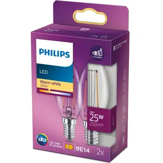 Produktfoto för Philips - LED-glödlampa med filament - form: B35 - klar finish - E14 - 2 W (motsvarande 25 W) - klass E - varmt vitt ljus - 2700 K - transparent (paket om 2)