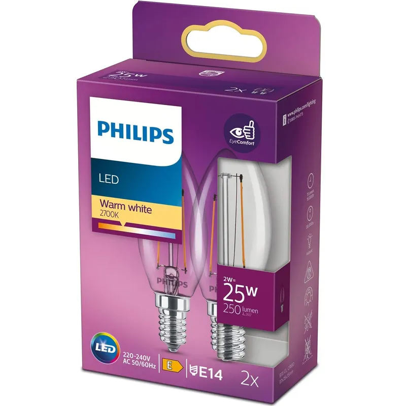 Bild 1 för Philips - LED-glödlampa med filament - form: B35 - klar finish - E14 - 2 W (motsvarande 25 W) - klass E - varmt vitt ljus - 2700 K - transparent (paket om 2)