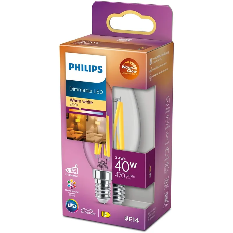 Bild 1 för Philips - LED-glödlampa med filament - form: B35 - klar finish - E14 - 3.4 W (motsvarande 40 W) - klass D - varmt vitt ljus - 2200-2700 K