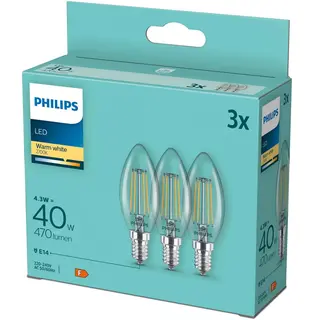 Produktfoto för Philips - LED-glödlampa med filament - form: B35 - klar finish - E14 - 4.3 W (motsvarande 40 W) - klass F - varmt vitt ljus - 2700 K (paket om 3)