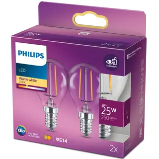 Produktfoto för Philips - LED-glödlampa med filament - form: P45 - klar finish - E14 - 2 W (motsvarande 25 W) - klass E - varmt vitt ljus - 2700 K (paket om 2)