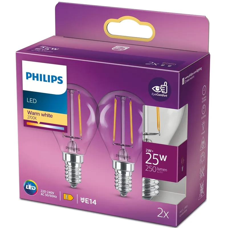 Bild 1 för Philips - LED-glödlampa med filament - form: P45 - klar finish - E14 - 2 W (motsvarande 25 W) - klass E - varmt vitt ljus - 2700 K (paket om 2)