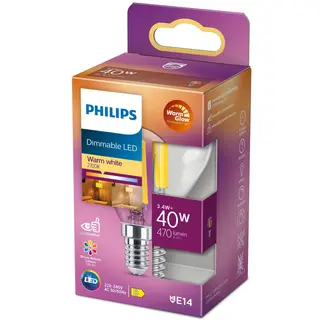 Produktfoto för Philips - LED-glödlampa med filament - form: P45 - klar finish - E14 - 3.4 W (motsvarande 40 W) - klass D - varmt vitt ljus - 2200-2700 K