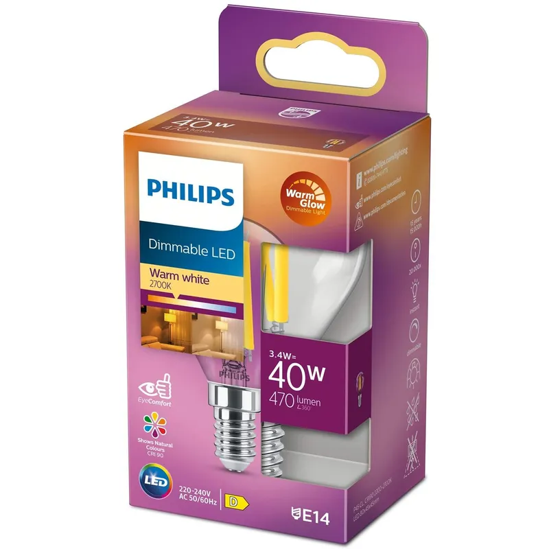 Bild 1 för Philips - LED-glödlampa med filament - form: P45 - klar finish - E14 - 3.4 W (motsvarande 40 W) - klass D - varmt vitt ljus - 2200-2700 K