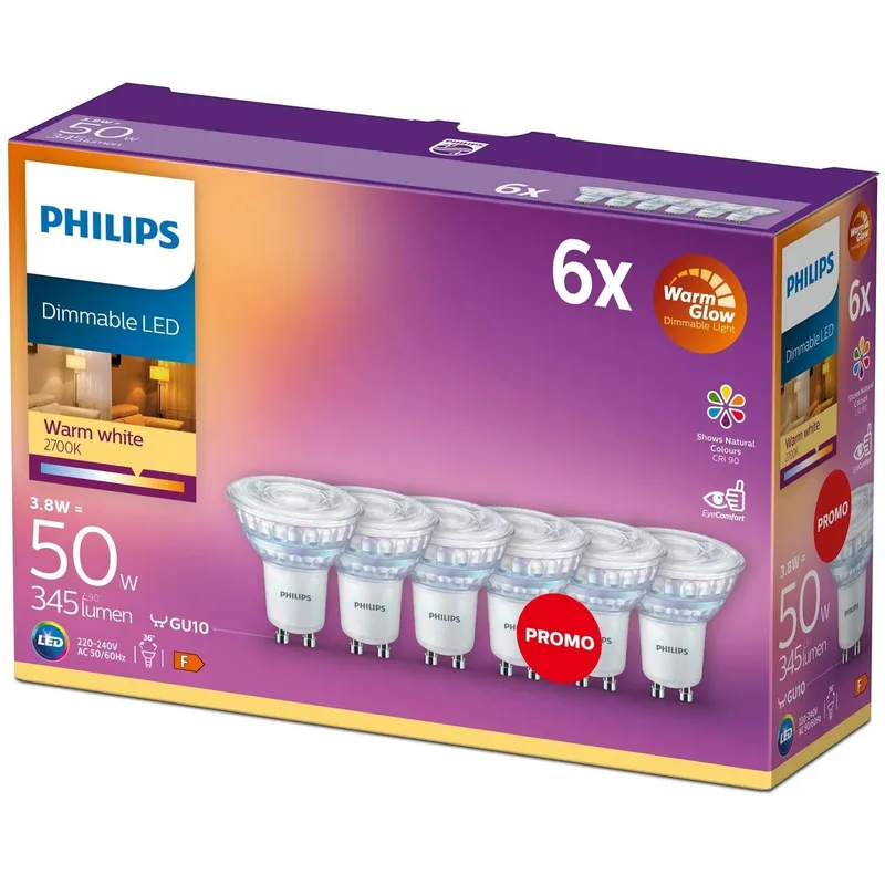 Bild 1 för Philips LED-glödlampa Spot 3,8W/922-927 (50W) 36° WarmGlow Dimmable 6-pack GU10