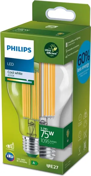 Produktfoto för Philips LED-glödlampa Standard 5.2W/840 (75W) Clear E27