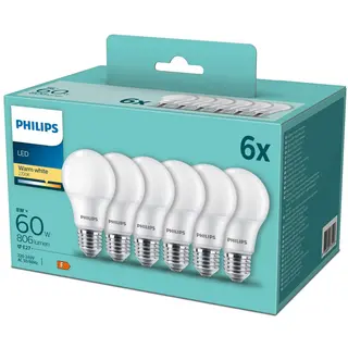 Produktfoto för Philips LED-glödlampa Standard 8W/827 (60W) Frosted 6-pack E27