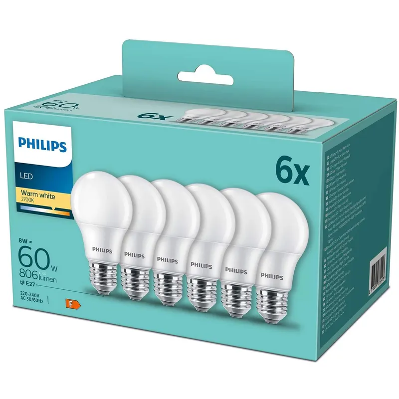 Bild 1 för Philips LED-glödlampa Standard 8W/827 (60W) Frosted 6-pack E27