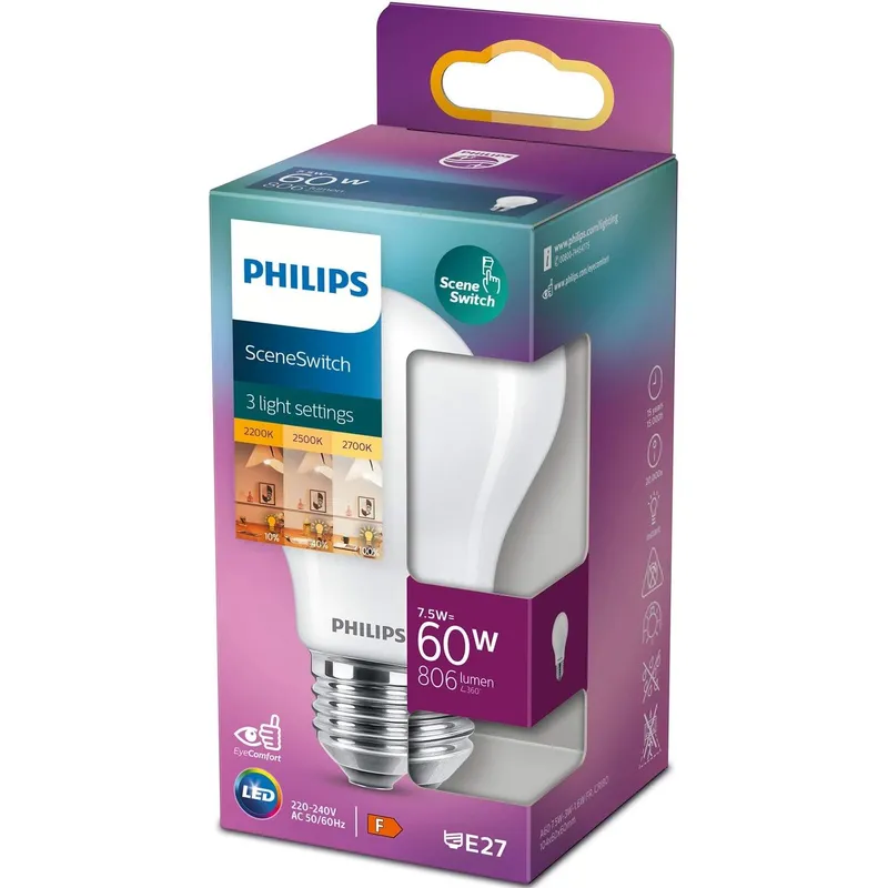 Bild 1 för Philips - Päronlampa LED 1,6-3-7,5W Sceneswitch (80/320/806lm) E27