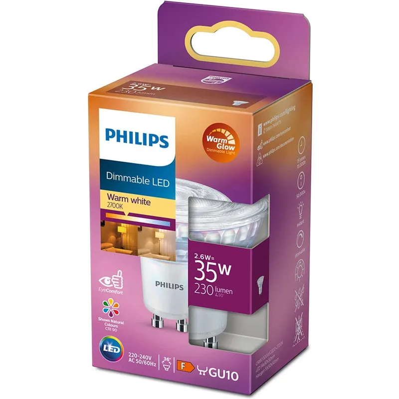 Bild 1 för Philips - Päronlampa LED 2,6W (35W/280lm) Dimbar GU10