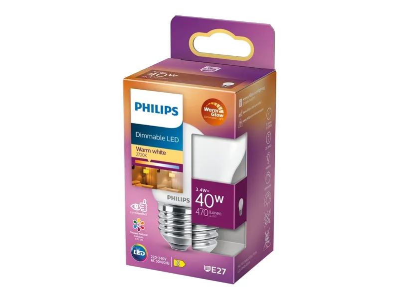 Alternativ bild 0 för Philips - Päronlampa LED 3,4W (470lm) Klot Dimbar E27