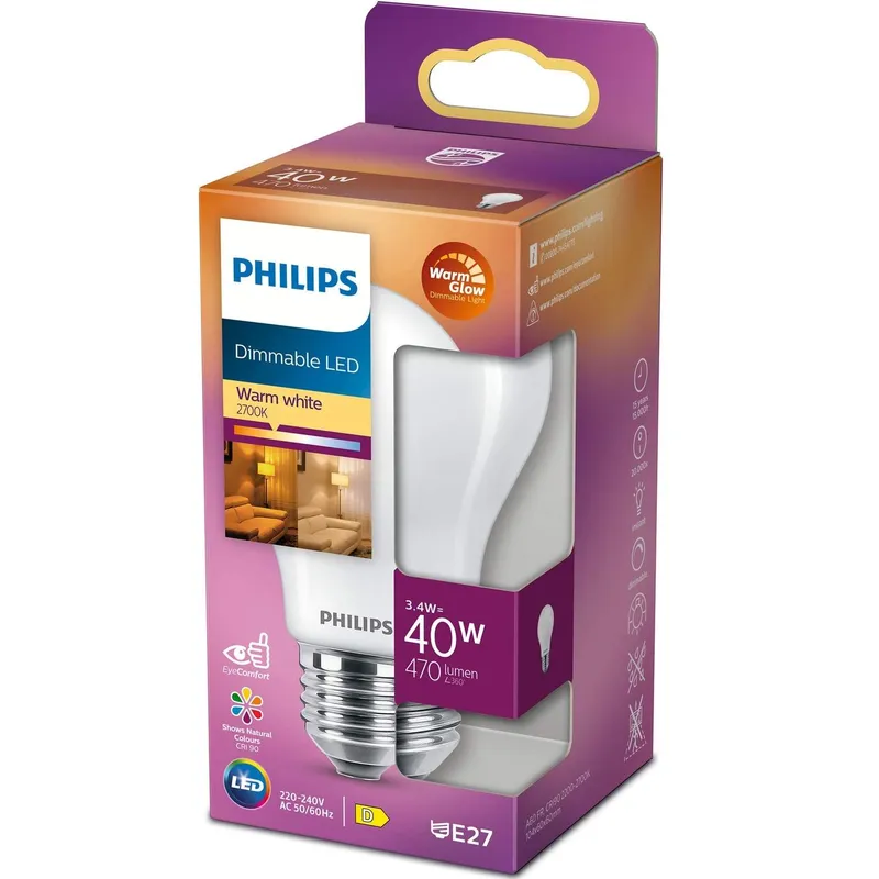Bild 1 för Philips - Päronlampa LED 3,4W Plast Warmglow (470lm) Dimbar E27