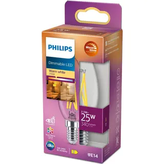 Produktfoto för Philips - Päronlampa LED 3W Glas Kron (300lm) Dimbar E14