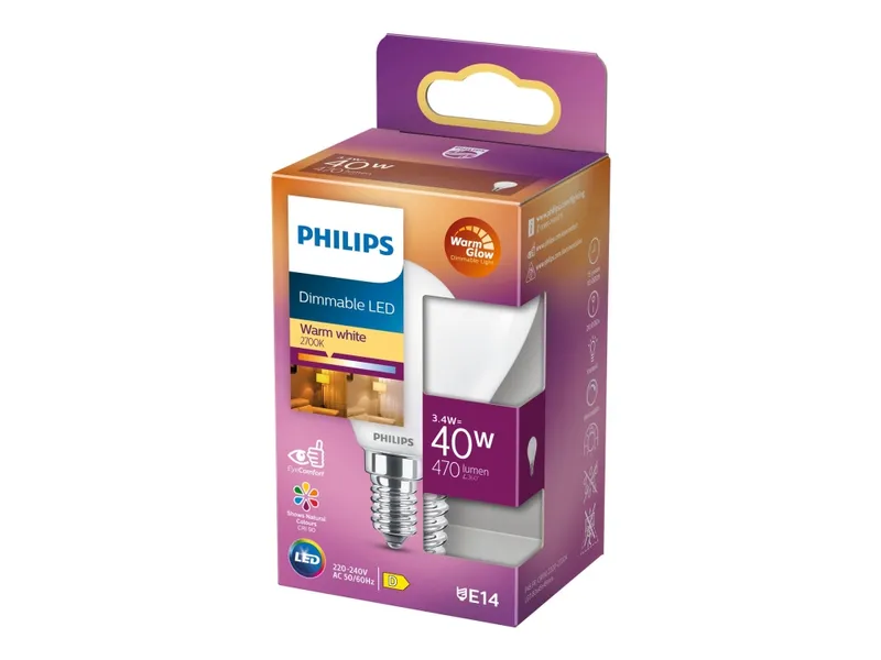 Alternativ bild 0 för Philips - Päronlampa LED 4,5W (470lm) Klot Dimbar E14