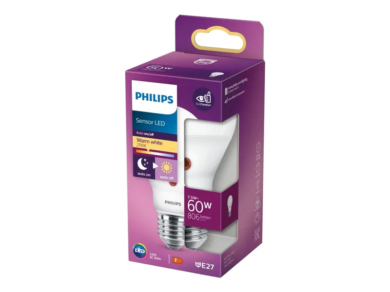 Alternativ bild 0 för Philips Sensor LED - LED-glödlampa - form: A60 - glaserad finish - E27 - 7.5 W (motsvarande 60 W) - klass F - varmt vitt ljus - 2700 K