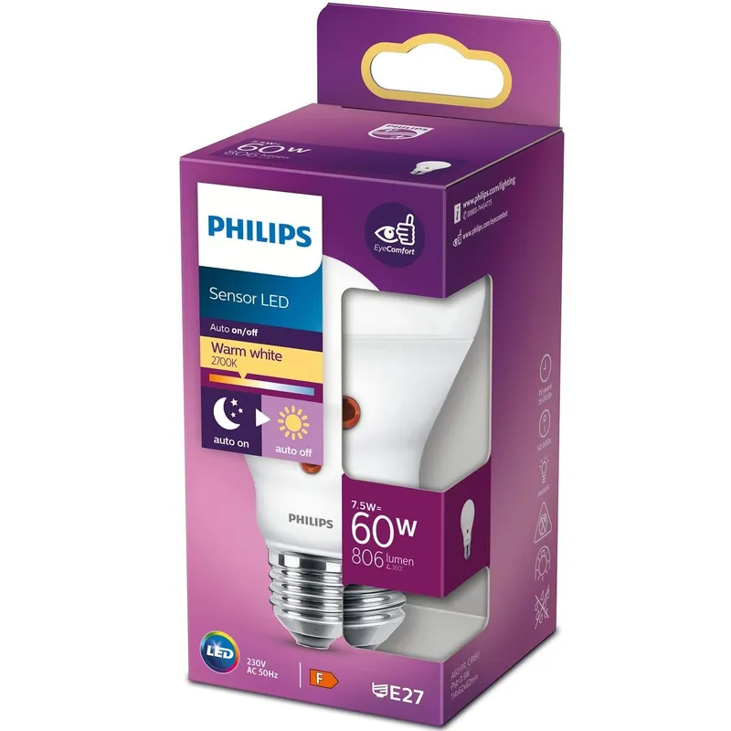 Bild 1 för Philips Sensor LED - LED-glödlampa - form: A60 - glaserad finish - E27 - 7.5 W (motsvarande 60 W) - klass F - varmt vitt ljus - 2700 K
